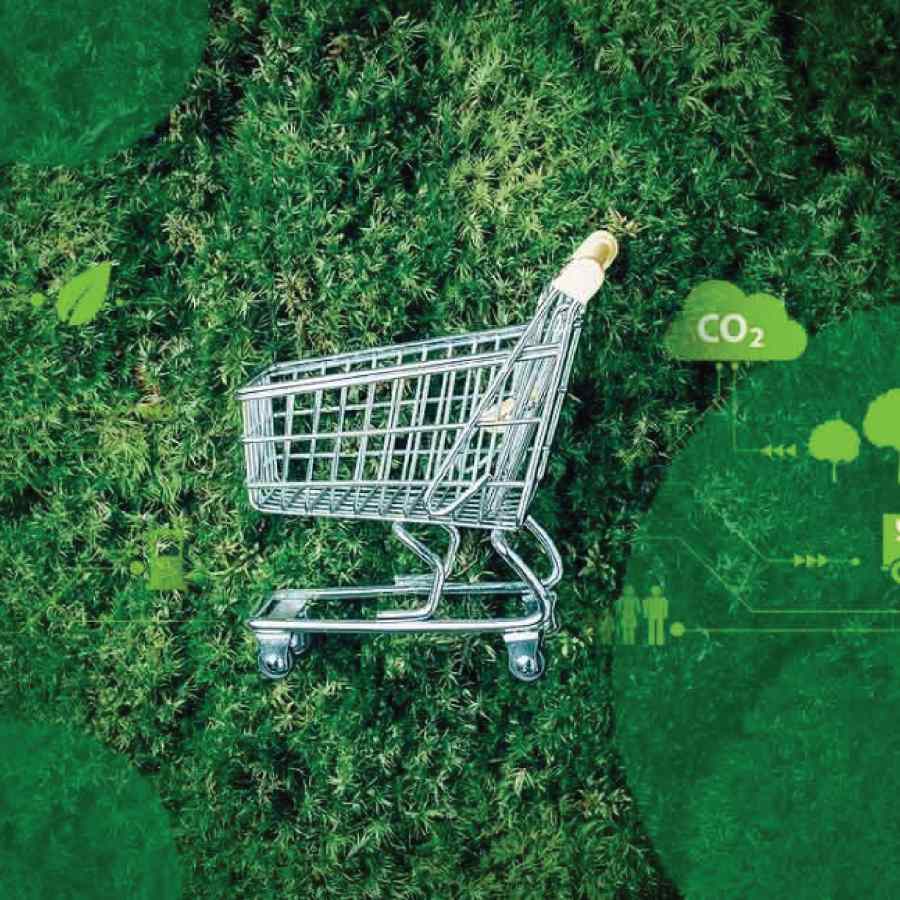 A shopping cart in the grass