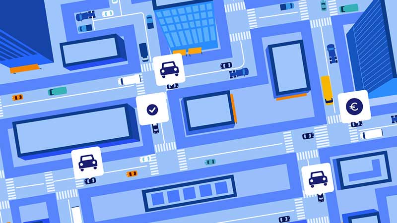 Illustration of an overhead view of ridesharing options on city streets. 
