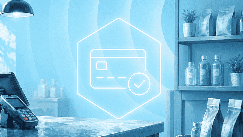 Contactless card payment icon glowing above a retail counter with a payment terminal