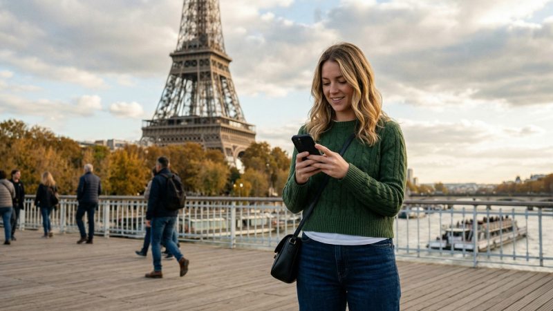 Woman using her phone near the Eiffel Tower in Paris