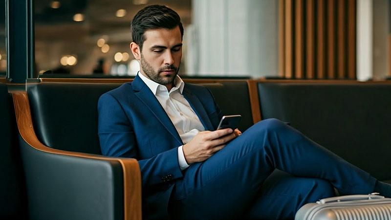 A man in a blue suit sits in an airport lounge, focused on his smartphone. A suitcase lies beside him, suggesting travel; the atmosphere is calm and modern.
