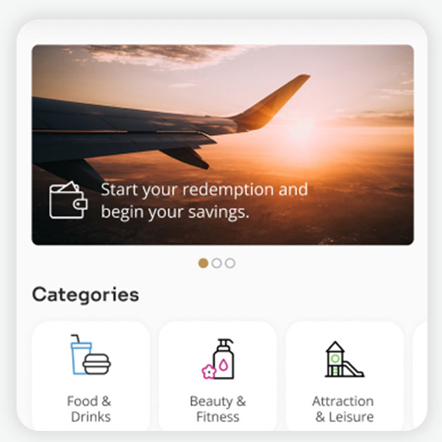 An airplane wing at sunset with text: "Start your redemption and begin your savings." Below are icons for categories: Food & Drinks, Beauty & Fitness, Attraction & Leisure.