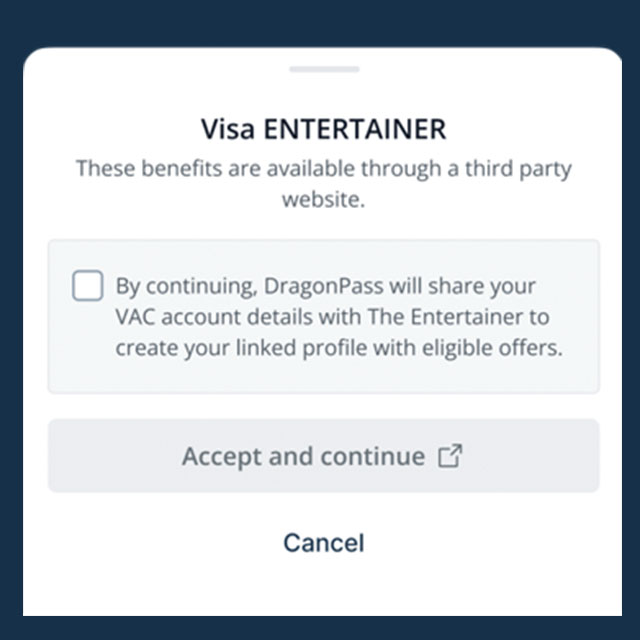 A pop-up message titled 'Visa ENTERTAINER' explains benefits through a third-party website. It includes a checkbox for sharing account details and buttons to 'Accept and continue' or 'Cancel.'