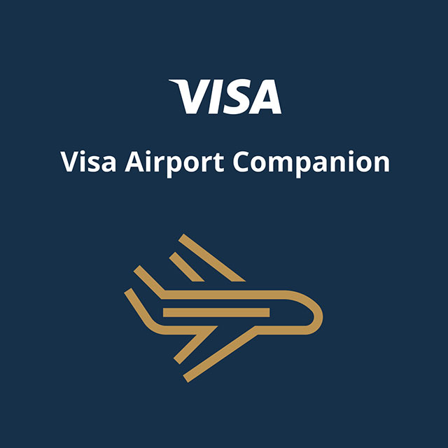 Visa Airport Companion in white text, with a stylized gold airplane icon below