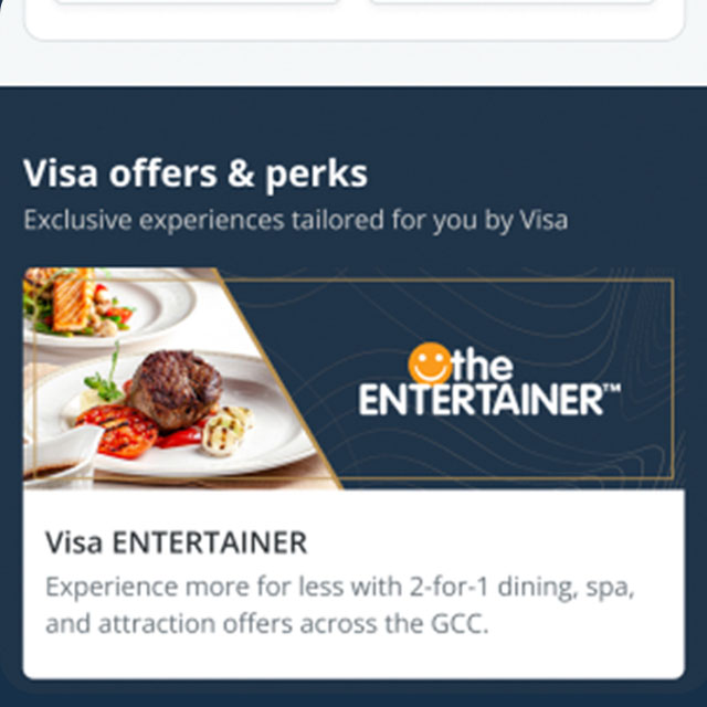 Visa offers and perks advertisement for Visa Entertainer. Includes dining, spa, and attraction deals across the GCC. Image shows a steak dish.