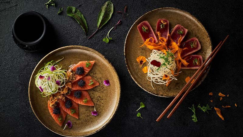 Two rustic plates on a dark surface; one with sliced salmon, black berries, and garnish, the other with seared tuna, noodles, and vibrant greens.