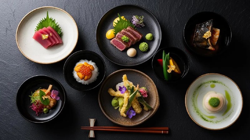 Elegant Japanese tasting menu with sashimi, wagyu, sushi, tempura, and plated seasonal dishes