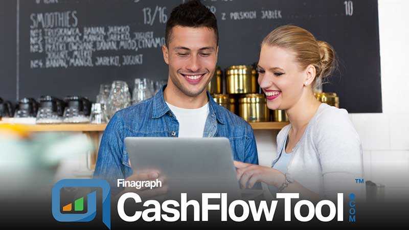 Smiling couple looking at a tablet with the Fingraph CashFlowTool logo superimposed.